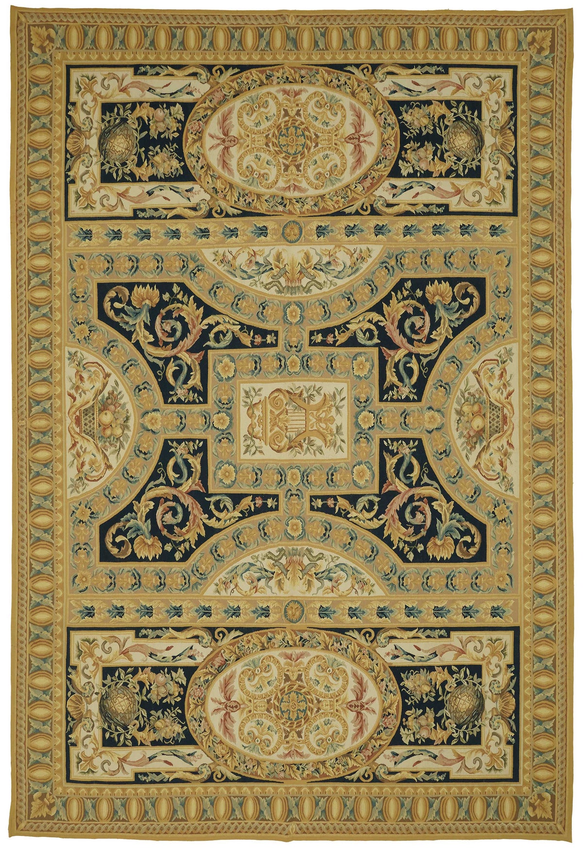 Sivemi Altın ve Lacivert Geometrik Desenli El Dokuma Halı 297x448 cm