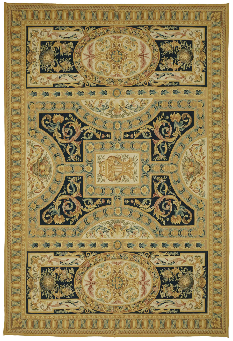 Sivemi Altın ve Lacivert Geometrik Desenli El Dokuma Halı 297x448 cm
