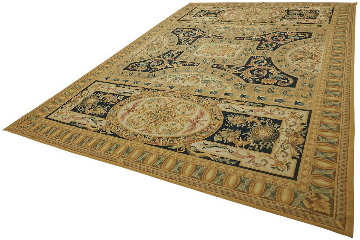 Sivemi Altın ve Lacivert Geometrik Desenli El Dokuma Halı 297x448 cm – doku yakın çekim