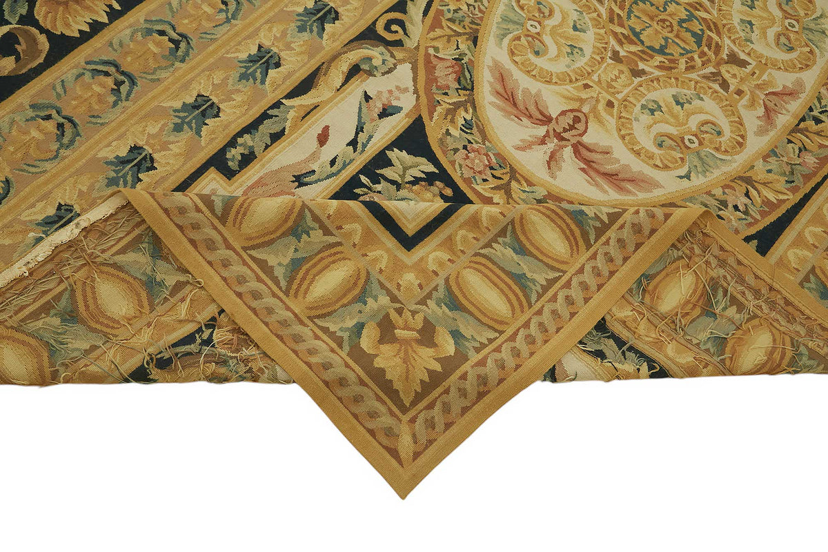 Sivemi Altın ve Lacivert Geometrik Desenli El Dokuma Halı 297x448 cm – kenar detayı