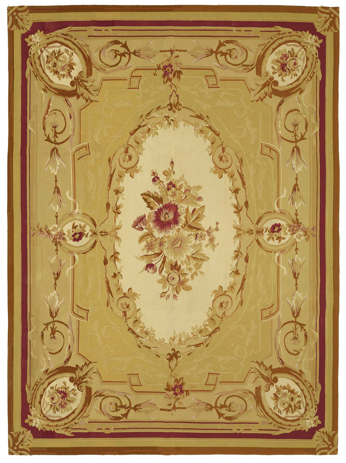 Sivemi Bej Halı Bordo ve Gold Çiçekli Vintage Aubusson 262x358 cm