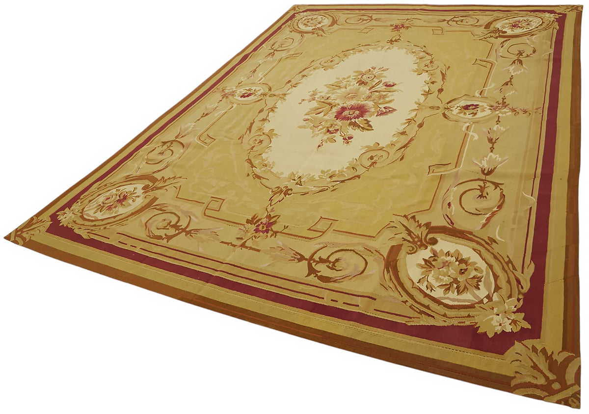 Sivemi Bej Halı Bordo ve Gold Çiçekli Vintage Aubusson 262x358 cm – doku yakın çekim