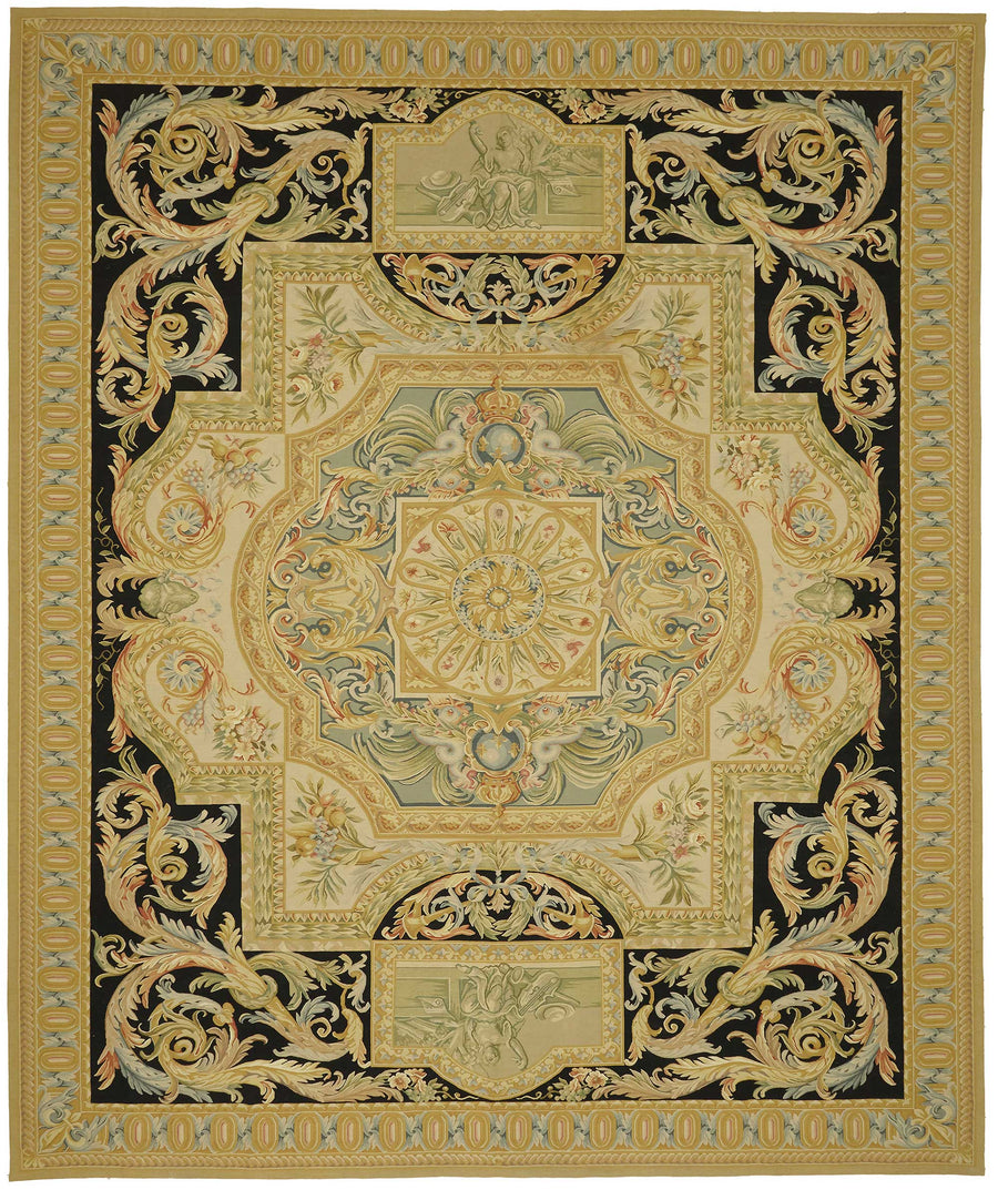 Sivemi Aubusson Siyah Gold Madalyon Göbekli El Dokuma Halı 370x446 cm