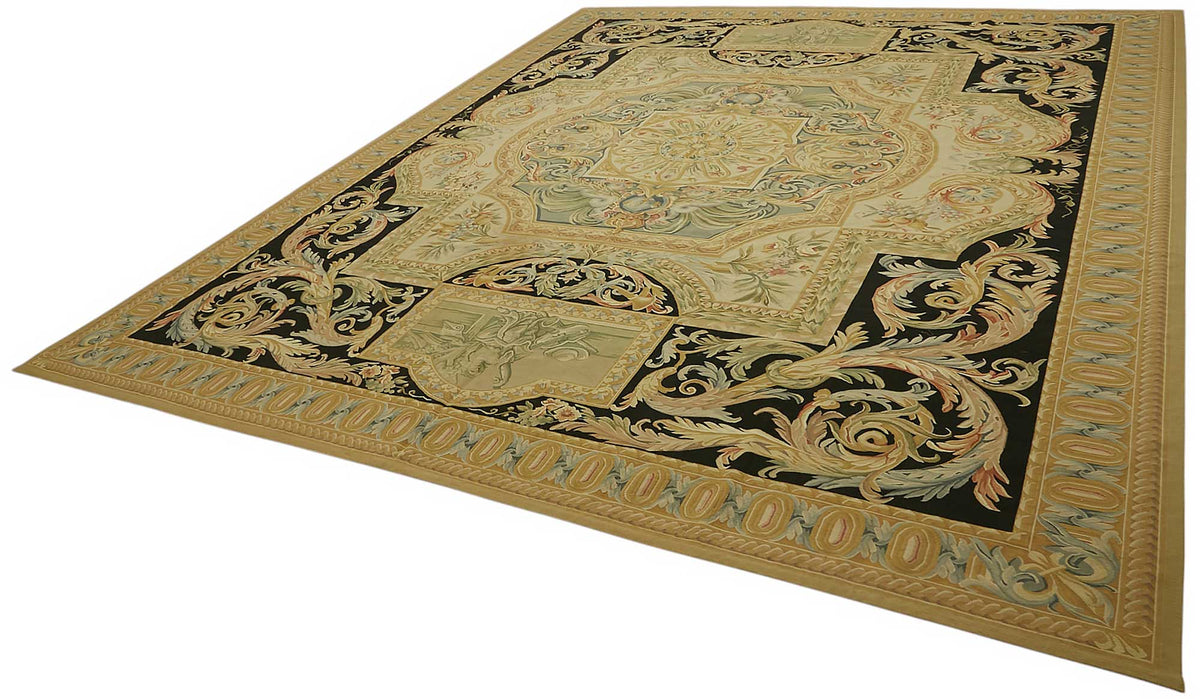Sivemi Aubusson Siyah Gold Madalyon Göbekli El Dokuma Halı 370x446 cm – doku yakın çekim