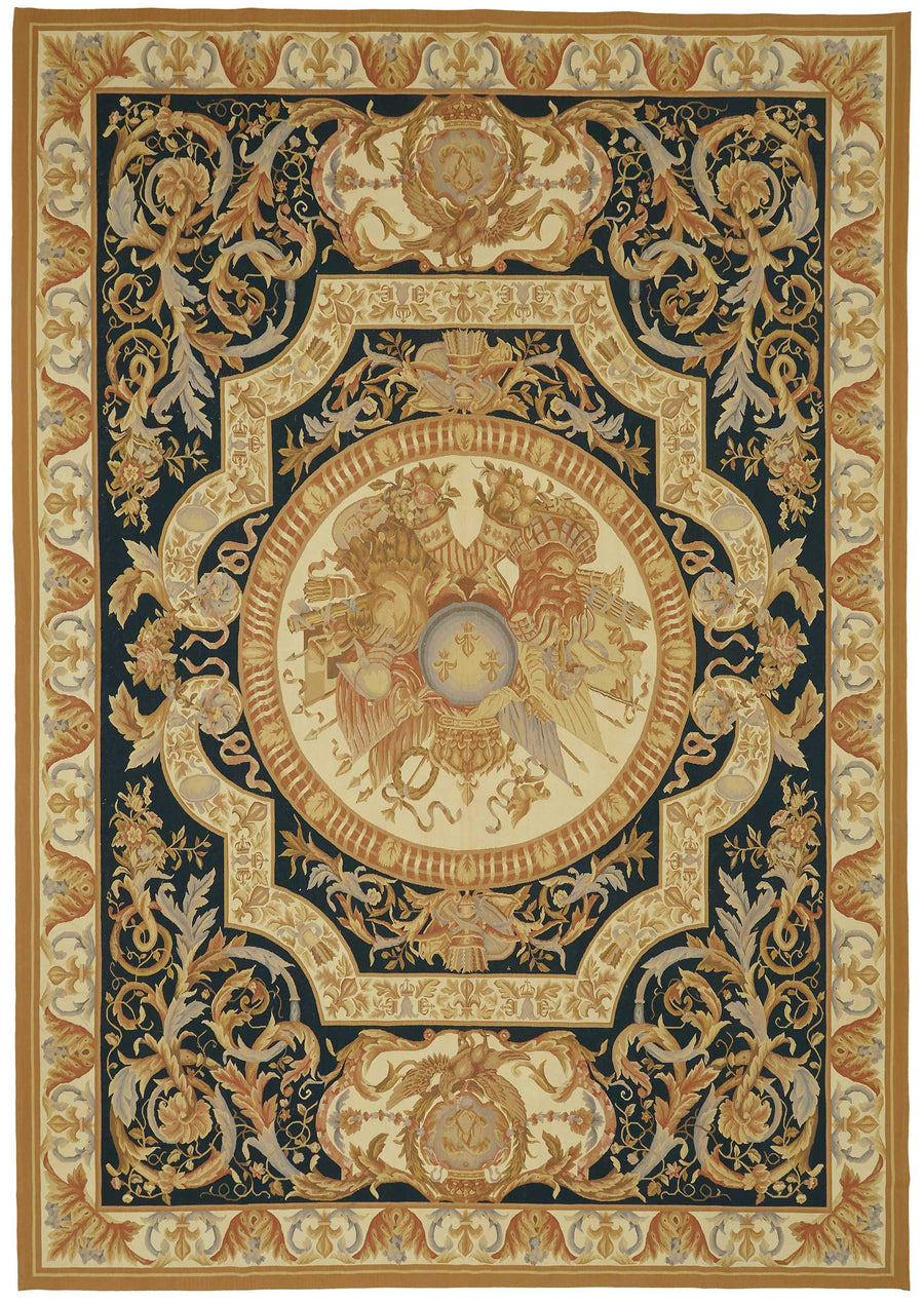 Sivemi Lacivert Bej Madalyon Desenli Yün El Dokuma Halı 304x433 cm