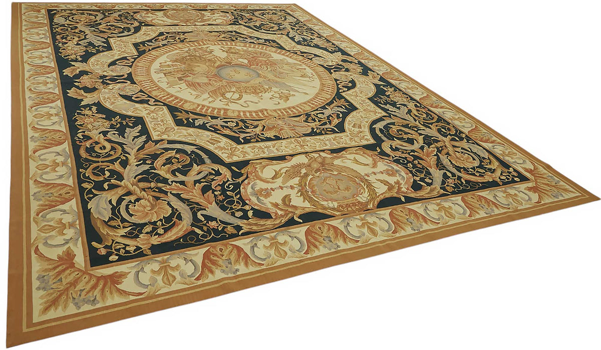 Sivemi Lacivert Bej Madalyon Desenli Yün El Dokuma Halı 304x433 cm – genel görünüm