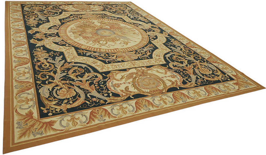 Sivemi Lacivert Bej Madalyon Desenli Yün El Dokuma Halı 304x433 cm – genel görünüm