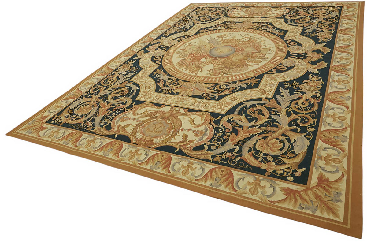 Sivemi Lacivert Bej Madalyon Desenli Yün El Dokuma Halı 304x433 cm – doku yakın çekim