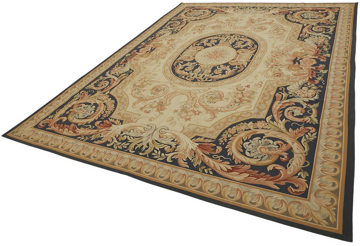 Sivemi Lacivert Bej Madalyon Desenli Klasik El Dokuma Halı 272x368 cm – doku yakın çekim