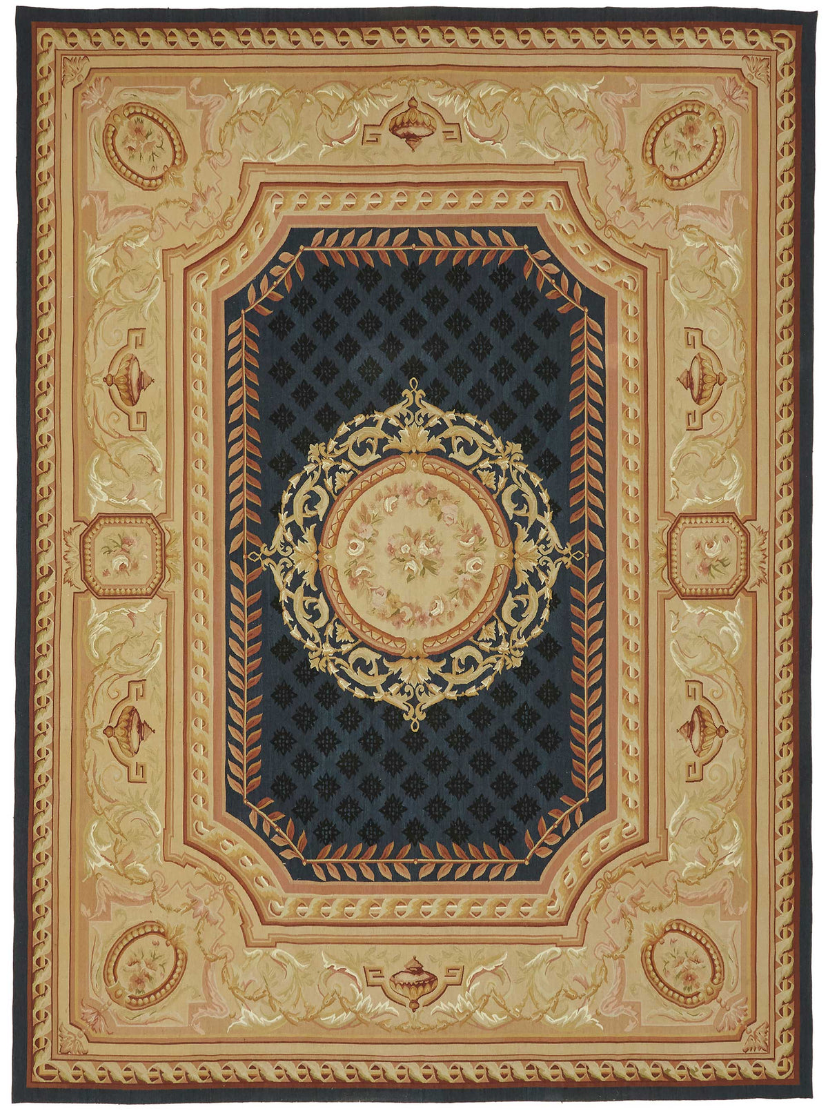 Sivemi Lacivert Bej Halı El Dokuma Madalyon Desenli 274x375 cm 47416