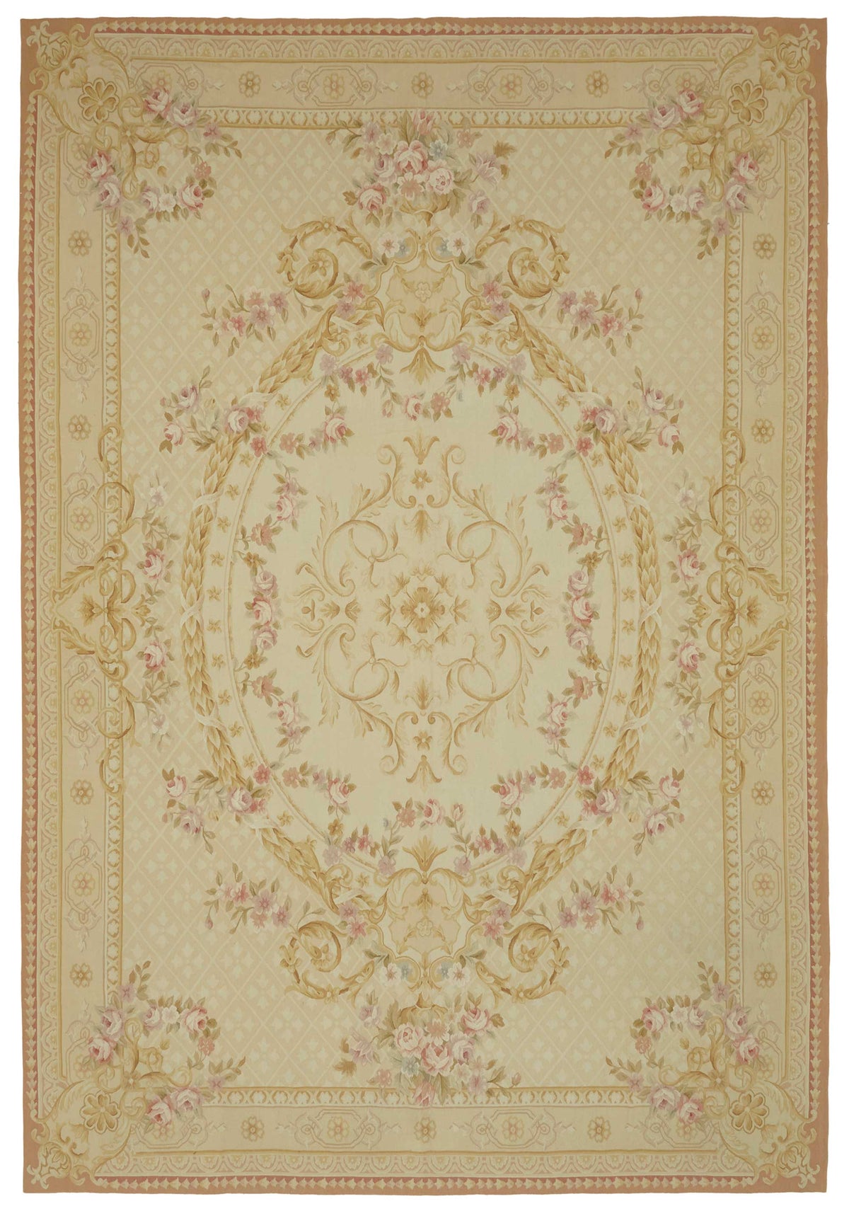 Sivemi Açık Pembe ve Gold Çiçek Desenli El Dokuma Halı 301x440 cm