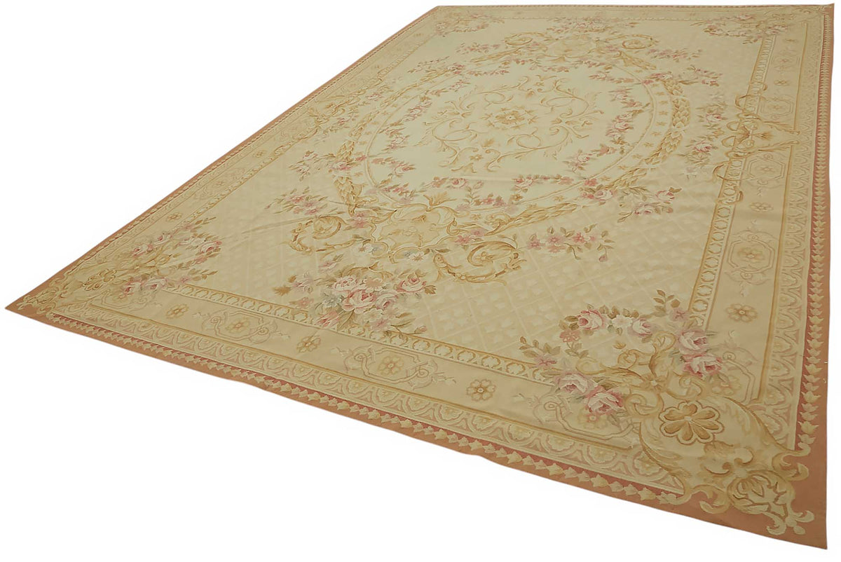 Sivemi Açık Pembe ve Gold Çiçek Desenli El Dokuma Halı 301x440 cm – doku yakın çekim