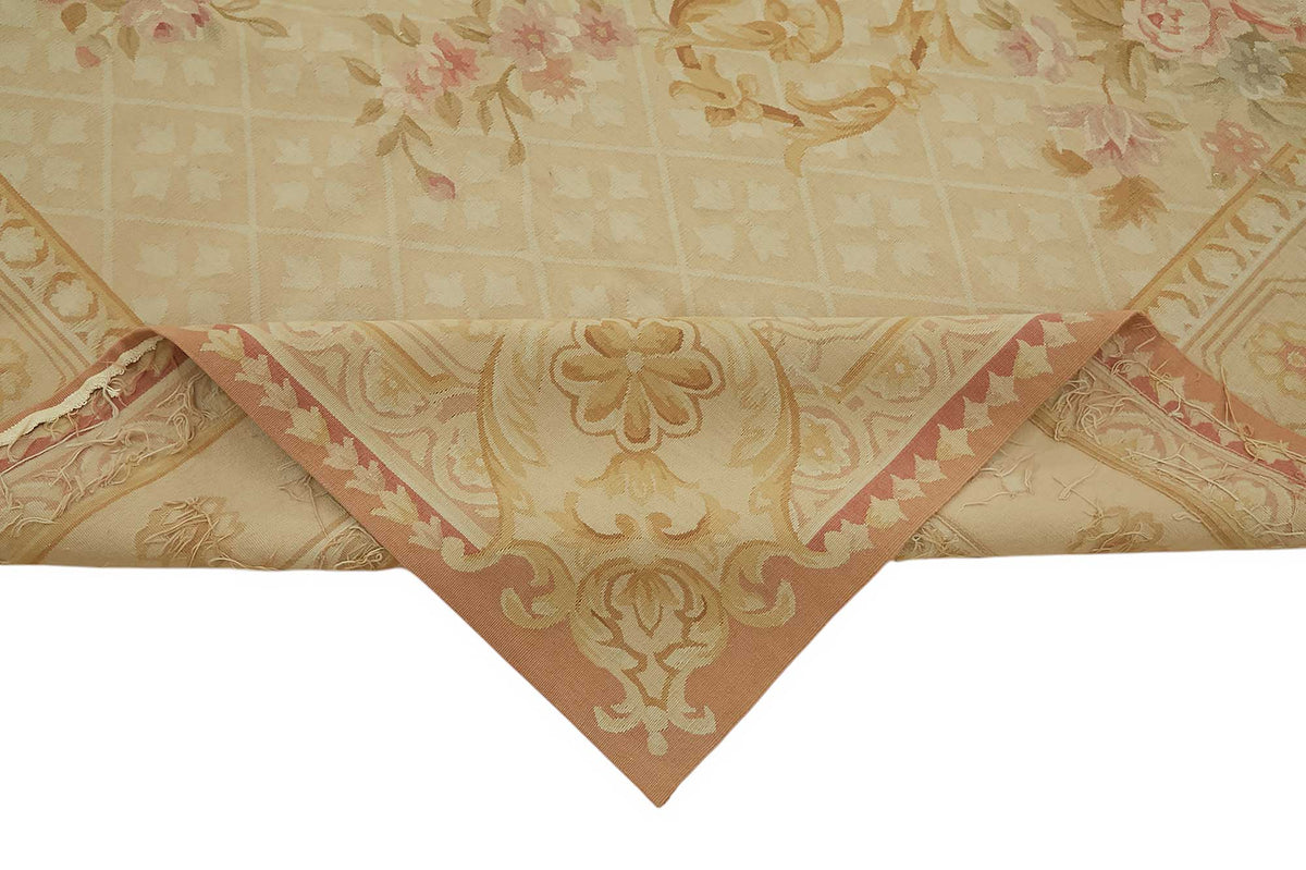 Sivemi Açık Pembe ve Gold Çiçek Desenli El Dokuma Halı 301x440 cm – kenar detayı