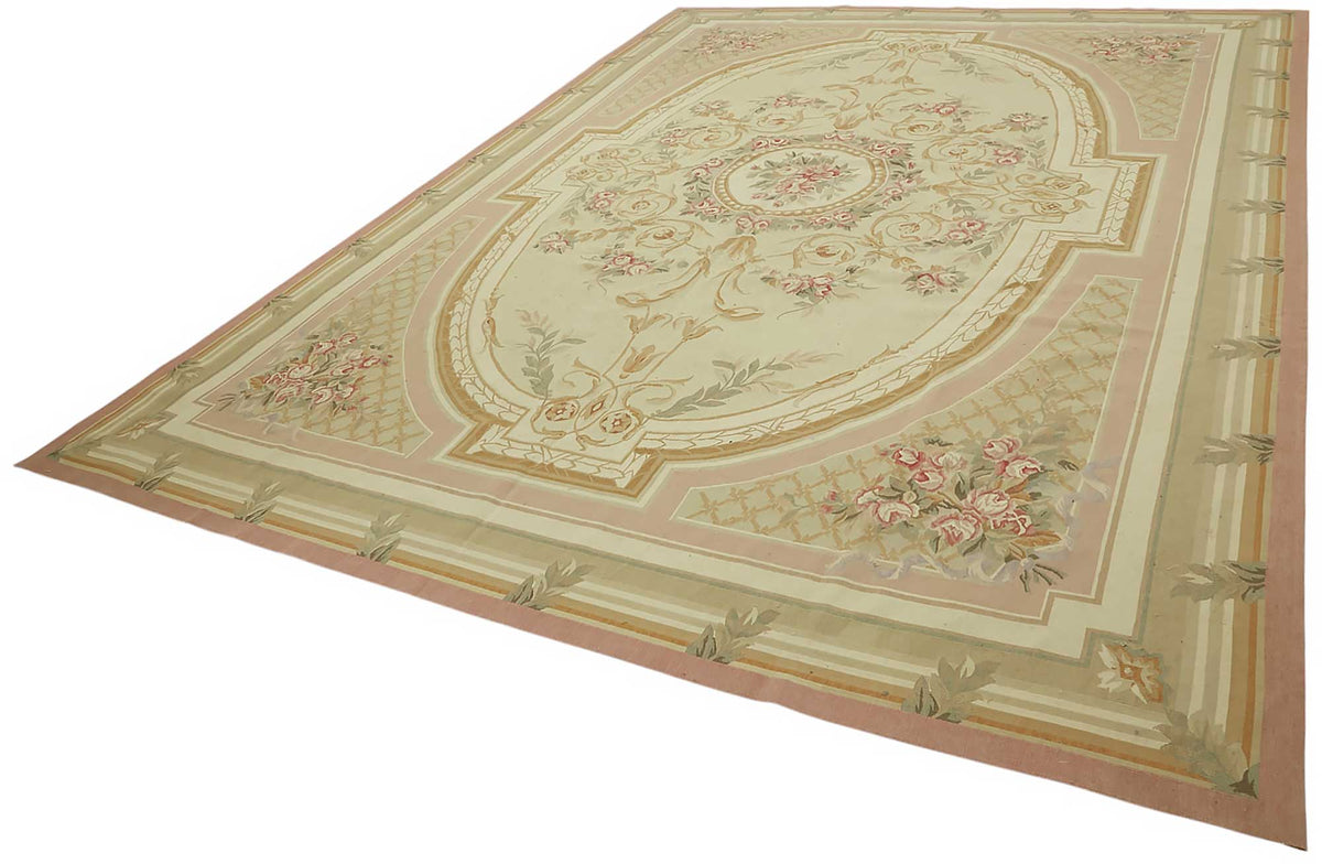 Sivemi Krem Pembe Çiçek Desenli Klasik El Dokuma Halı 307x429 cm – doku yakın çekim