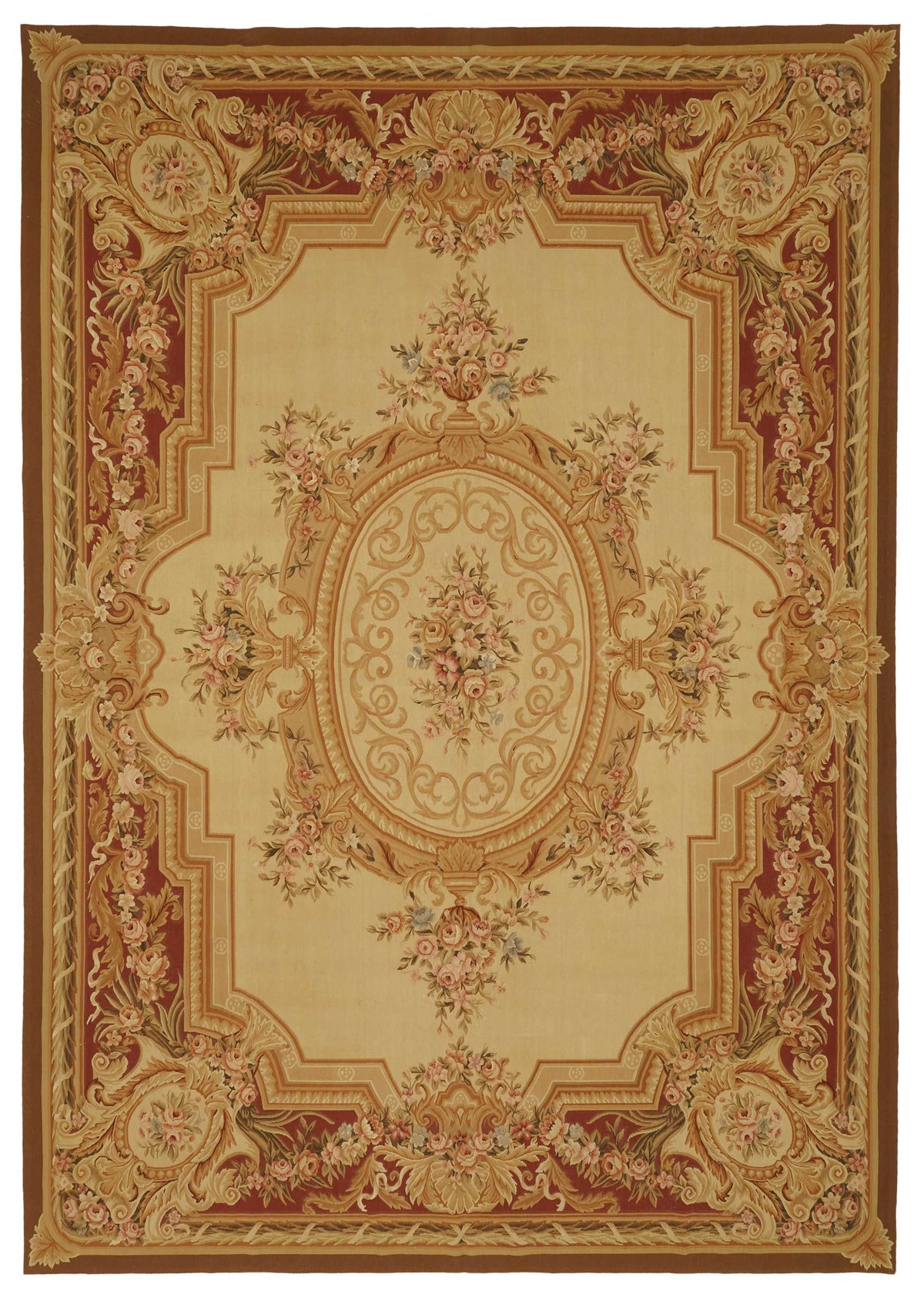 Sivemi Çiçek Desenli Bordo Bej Aubusson El Dokuma Halı 300x428 cm