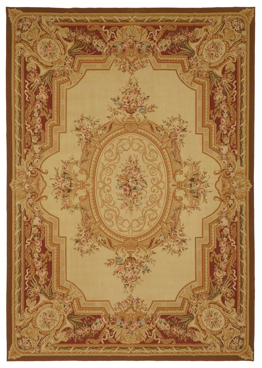Sivemi Çiçek Desenli Bordo Bej Aubusson El Dokuma Halı 300x428 cm