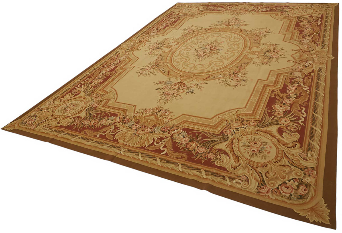 Sivemi Çiçek Desenli Bordo Bej Aubusson El Dokuma Halı 300x428 cm – doku yakın çekim