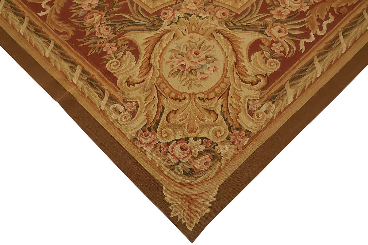 Sivemi Çiçek Desenli Bordo Bej Aubusson El Dokuma Halı 300x428 cm – detay görünümü