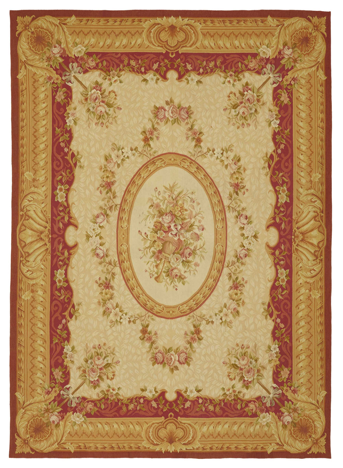 Sivemi Çiçek Desenli Bej Kırmızı Aubusson El Dokuma Halı 270x380 cm