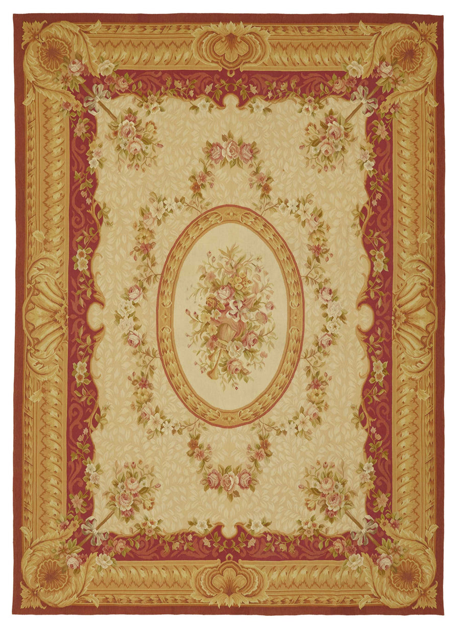 Sivemi Çiçek Desenli Bej Kırmızı Aubusson El Dokuma Halı 270x380 cm