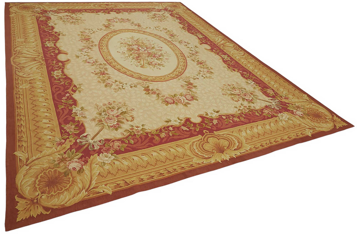 Sivemi Çiçek Desenli Bej Kırmızı Aubusson El Dokuma Halı 270x380 cm – genel görünüm