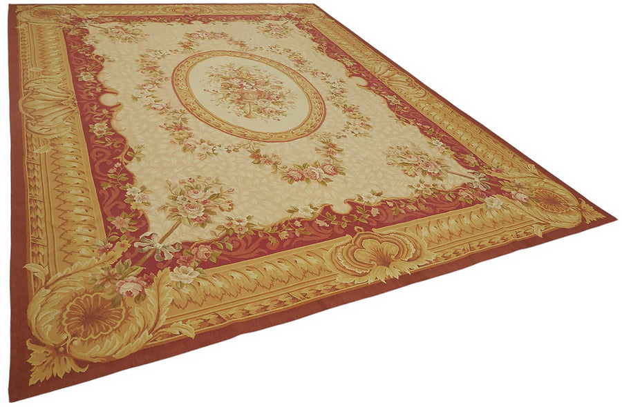 Sivemi Çiçek Desenli Bej Kırmızı Aubusson El Dokuma Halı 270x380 cm – genel görünüm
