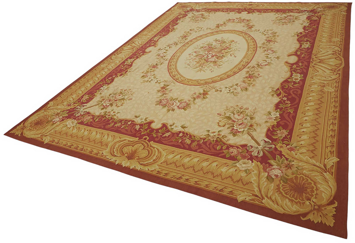 Sivemi Çiçek Desenli Bej Kırmızı Aubusson El Dokuma Halı 270x380 cm – doku yakın çekim