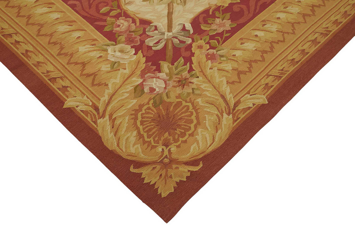 Sivemi Çiçek Desenli Bej Kırmızı Aubusson El Dokuma Halı 270x380 cm – detay görünümü