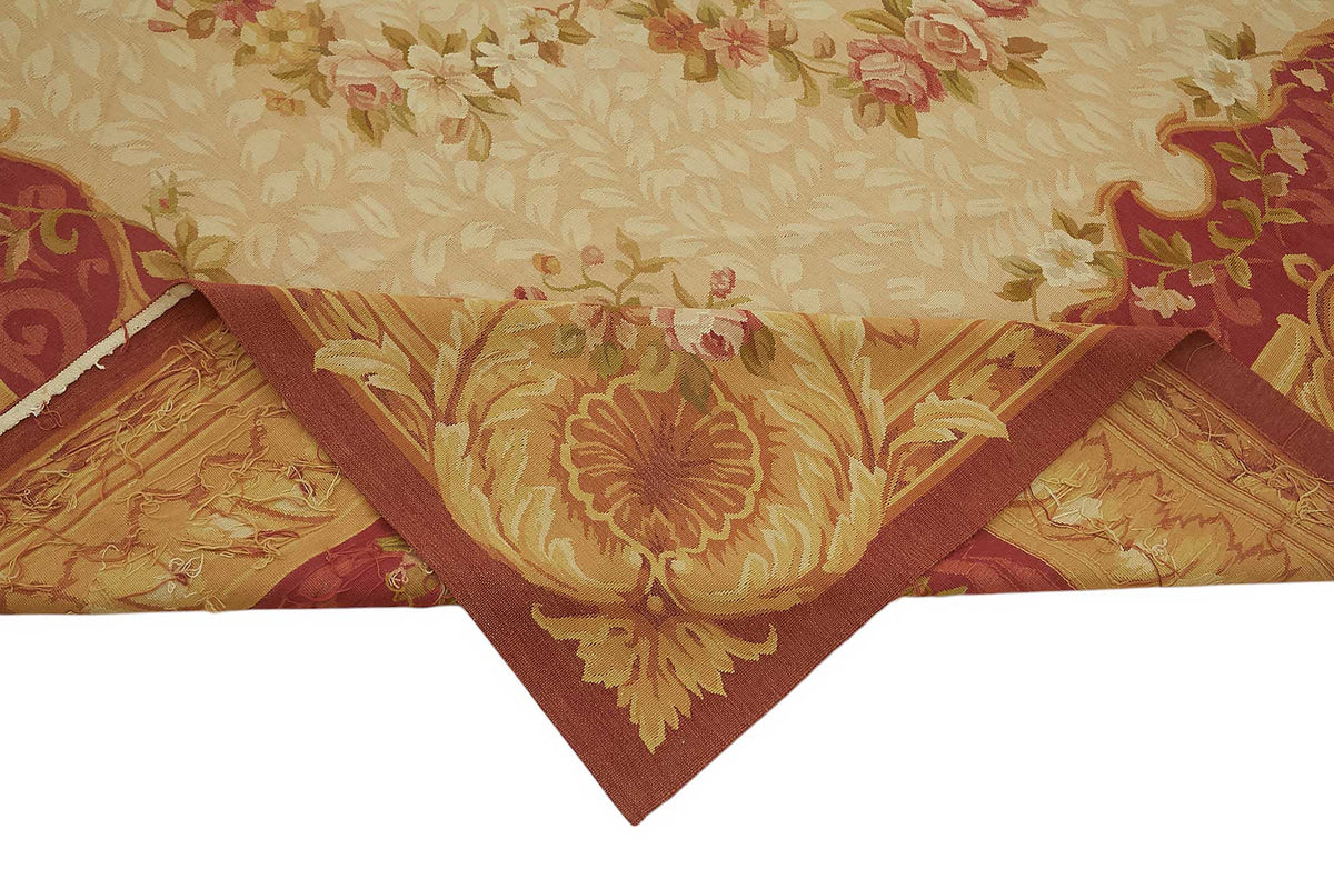 Sivemi Çiçek Desenli Bej Kırmızı Aubusson El Dokuma Halı 270x380 cm – kenar detayı