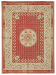 Sivemi Aubusson Kırmızı ve Bej Madalyonlu Vintage Halı 270x373 cm