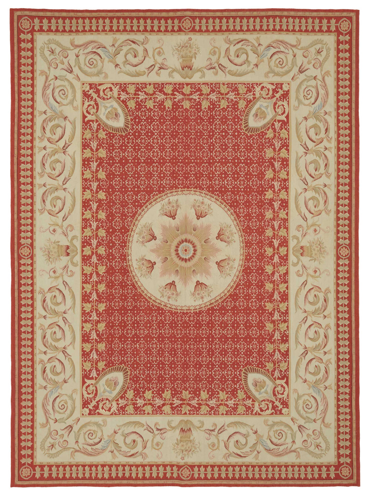 Sivemi Aubusson Kırmızı ve Bej Madalyonlu Vintage Halı 270x373 cm