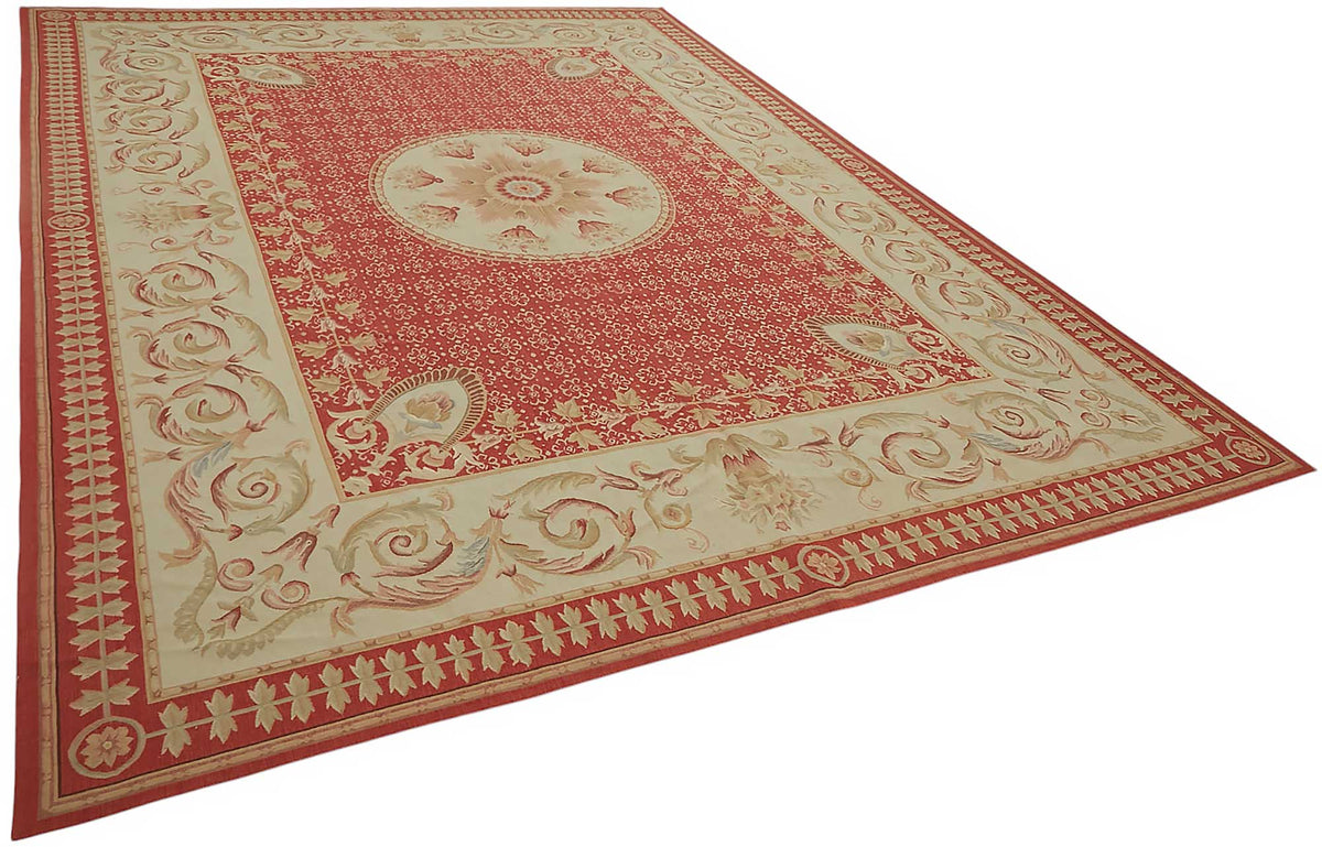 Sivemi Aubusson Kırmızı ve Bej Madalyonlu Vintage Halı 270x373 cm – genel görünüm