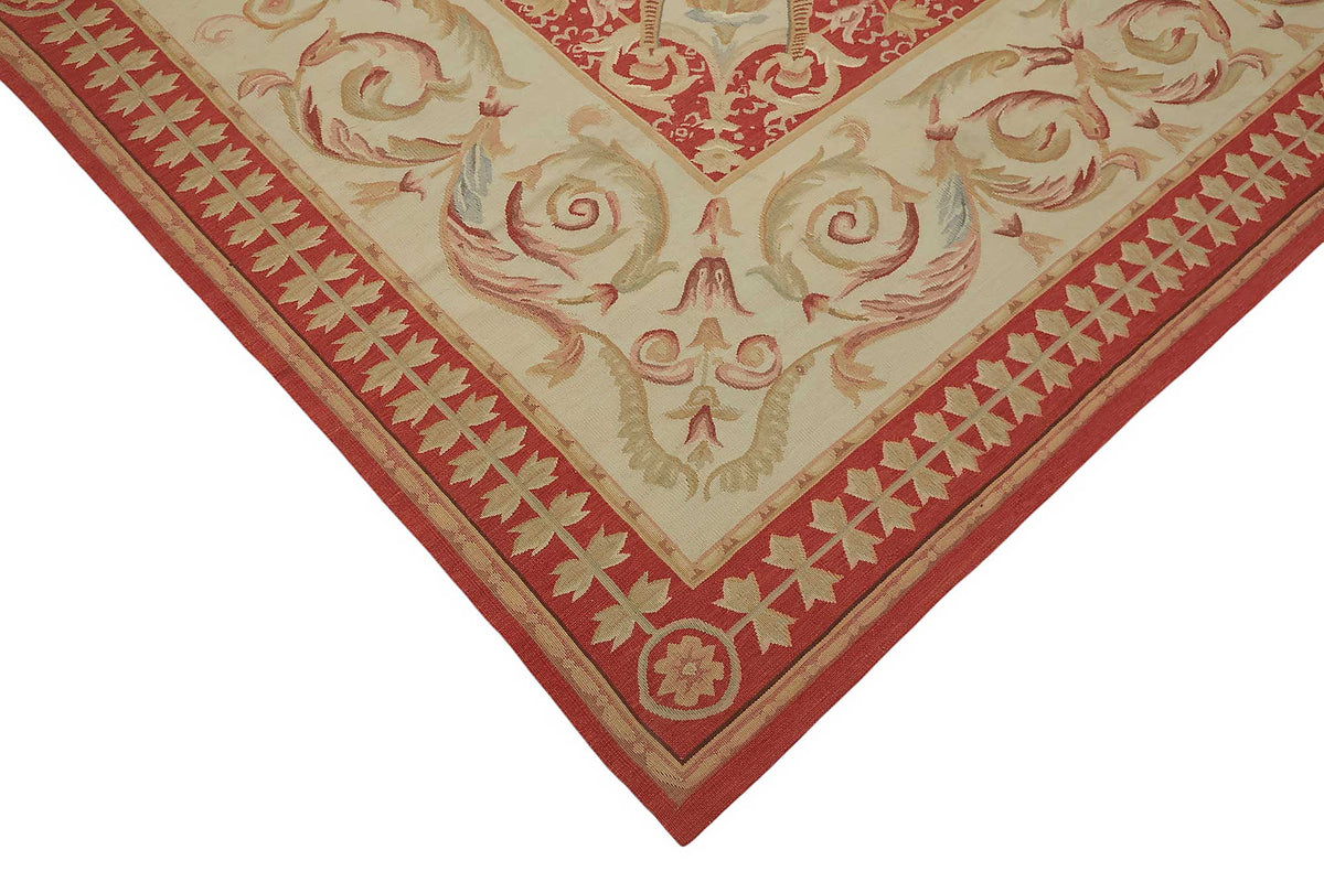 Sivemi Aubusson Kırmızı ve Bej Madalyonlu Vintage Halı 270x373 cm – detay görünümü