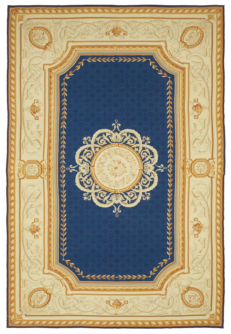 Sivemi Lacivert Bej Madalyon Desenli Pamuk Yün El Dokuma Halı 304x457 cm