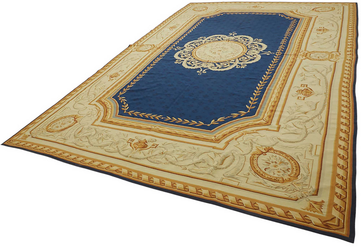 Sivemi Lacivert Bej Madalyon Desenli Pamuk Yün El Dokuma Halı 304x457 cm – doku yakın çekim