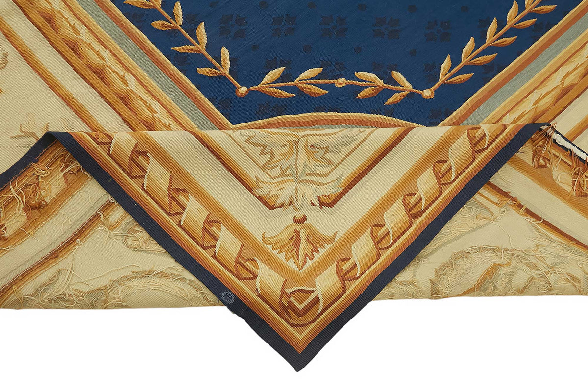 Sivemi Lacivert Bej Madalyon Desenli Pamuk Yün El Dokuma Halı 304x457 cm – kenar detayı