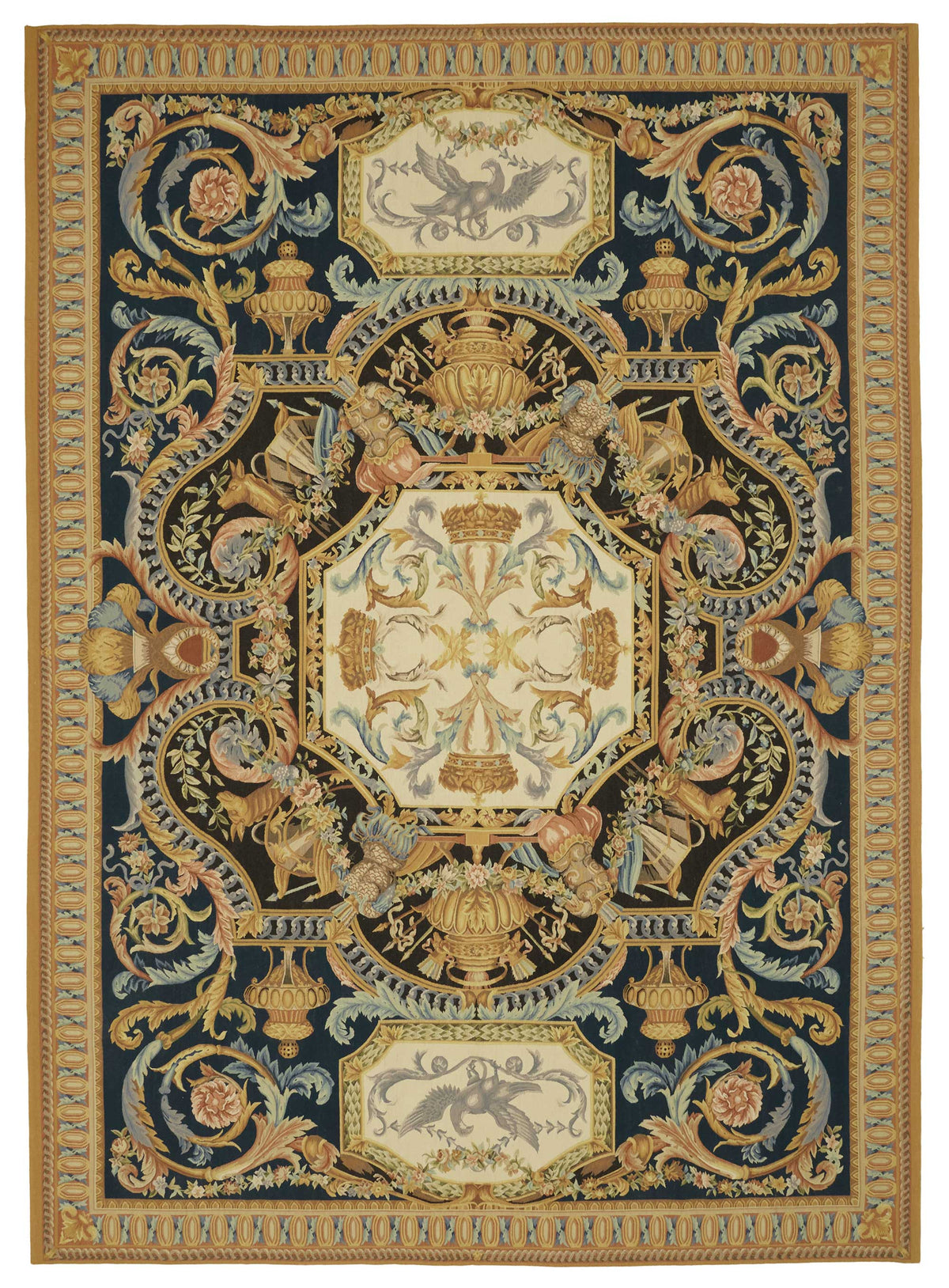 Sivemi Aubusson Lacivert Bej Kareli Desen El Dokuma Halı 304x431 cm