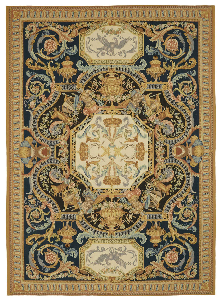 Sivemi Aubusson Lacivert Bej Kareli Desen El Dokuma Halı 304x431 cm