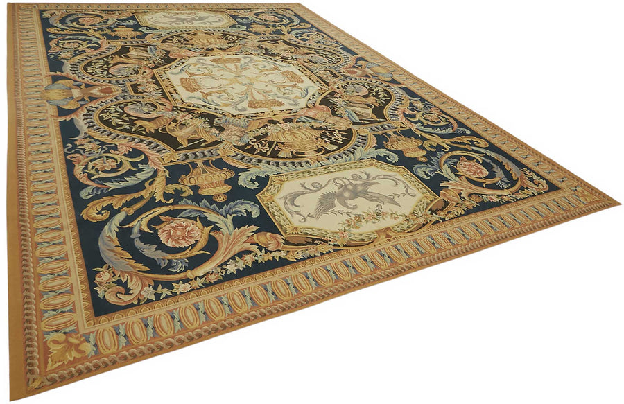 Sivemi Aubusson Lacivert Bej Kareli Desen El Dokuma Halı 304x431 cm – genel görünüm