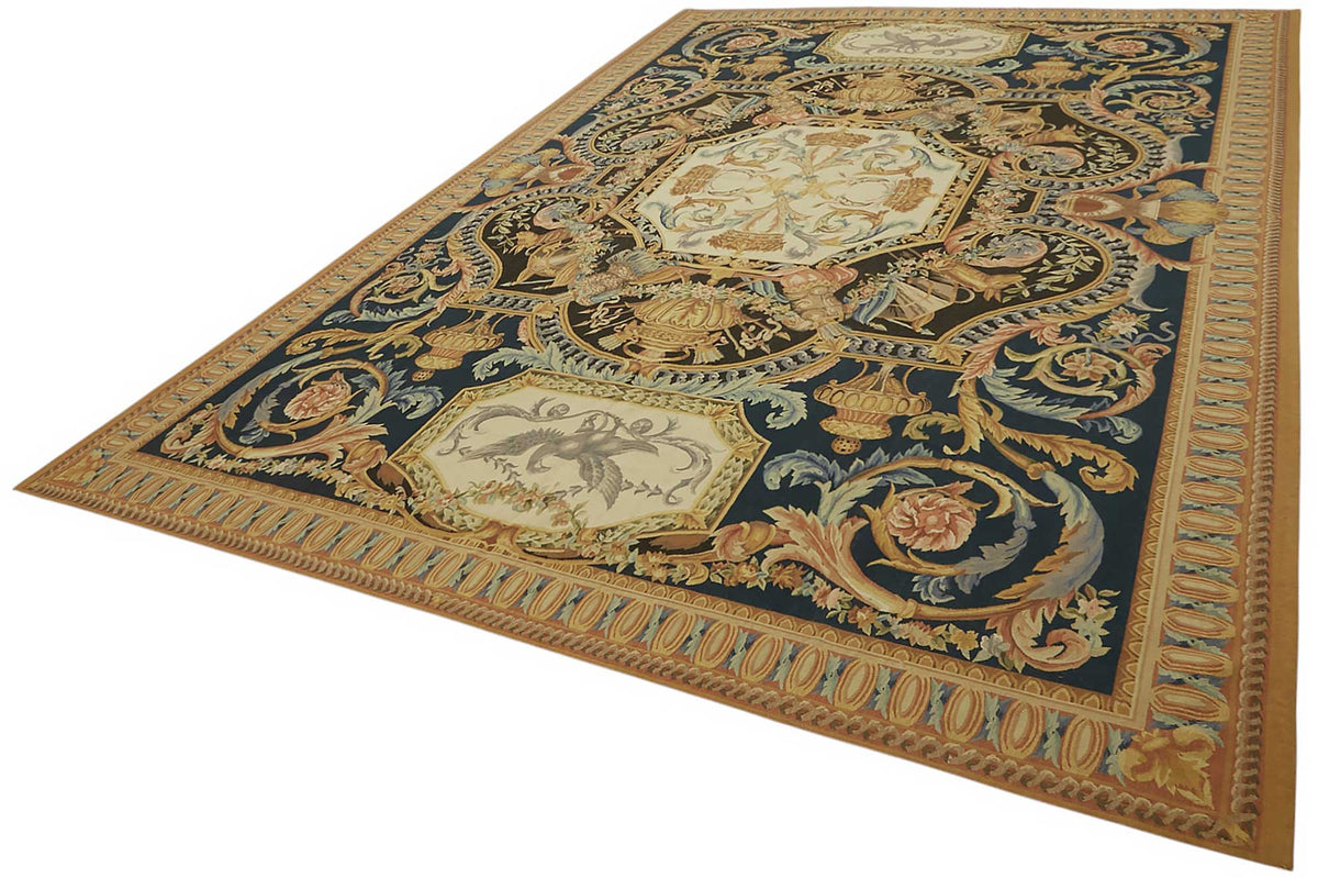 Sivemi Aubusson Lacivert Bej Kareli Desen El Dokuma Halı 304x431 cm – doku yakın çekim