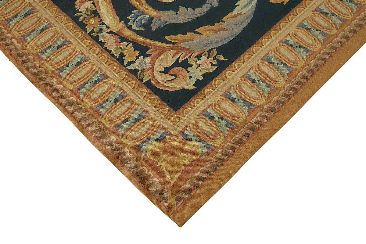Sivemi Aubusson Lacivert Bej Kareli Desen El Dokuma Halı 304x431 cm – detay görünümü