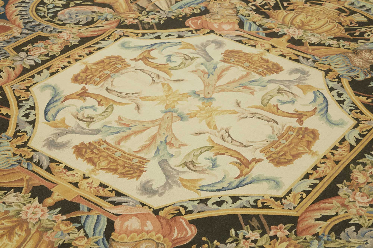 Sivemi Aubusson Lacivert Bej Kareli Desen El Dokuma Halı 304x431 cm – mekânda kullanım