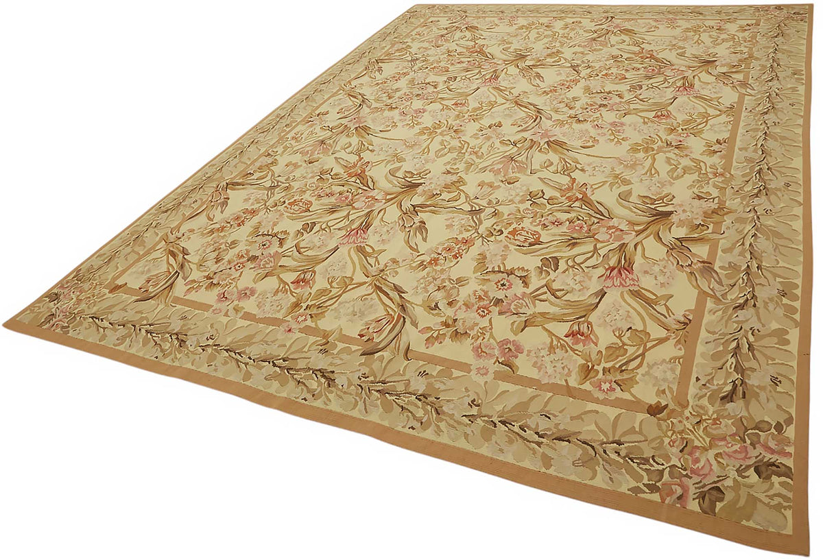 Sivemi Bej ve Kahverengi Çiçekli Yün El Dokuma Halı 262x377 cm – doku yakın çekim