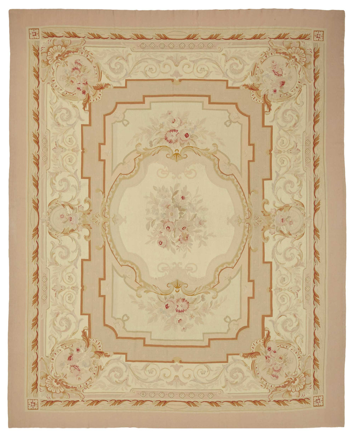 Sivemi Düz Pembe Halı Görünümlü Bej Madalyonlu Vintage Halı 308x397 cm