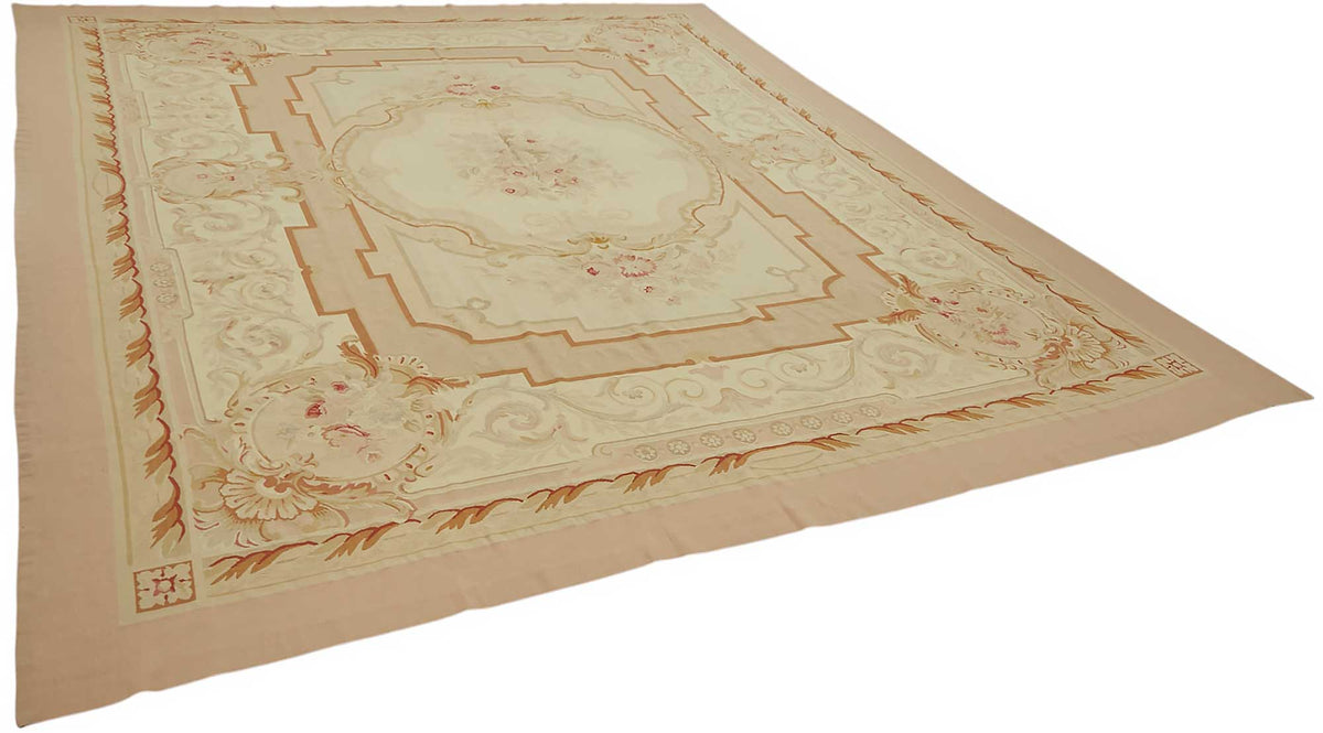 Sivemi Düz Pembe Halı Görünümlü Bej Madalyonlu Vintage Halı 308x397 cm – genel görünüm