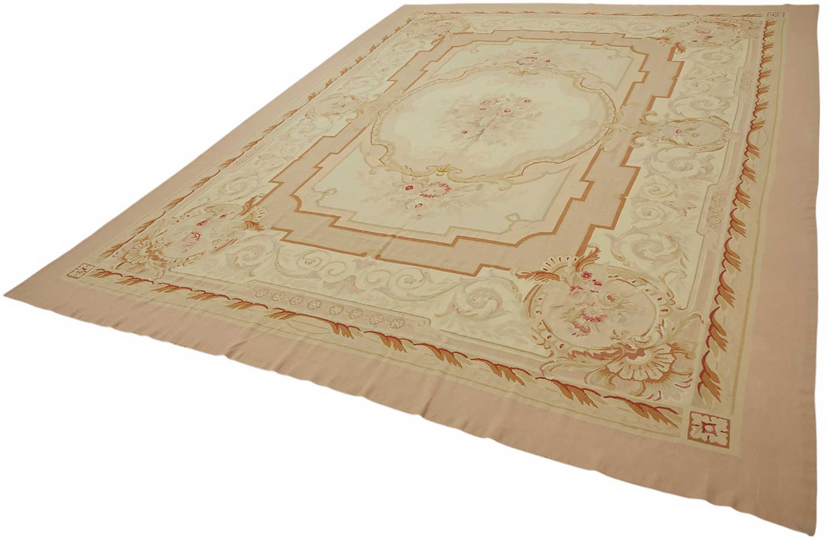 Sivemi Düz Pembe Halı Görünümlü Bej Madalyonlu Vintage Halı 308x397 cm – doku yakın çekim