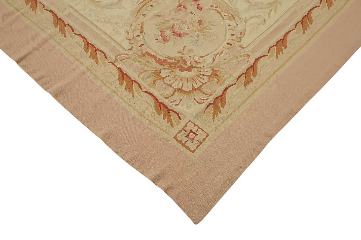 Sivemi Düz Pembe Halı Görünümlü Bej Madalyonlu Vintage Halı 308x397 cm – detay görünümü