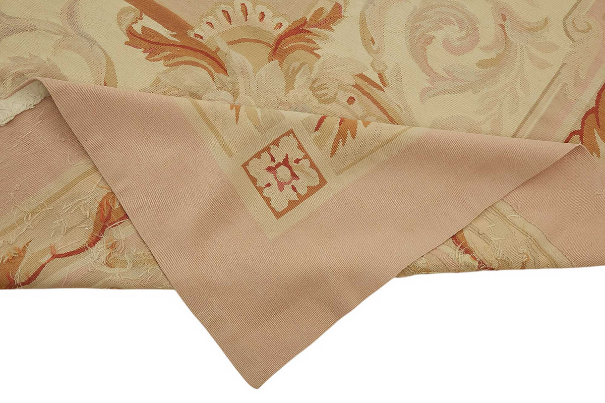Sivemi Düz Pembe Halı Görünümlü Bej Madalyonlu Vintage Halı 308x397 cm – kenar detayı