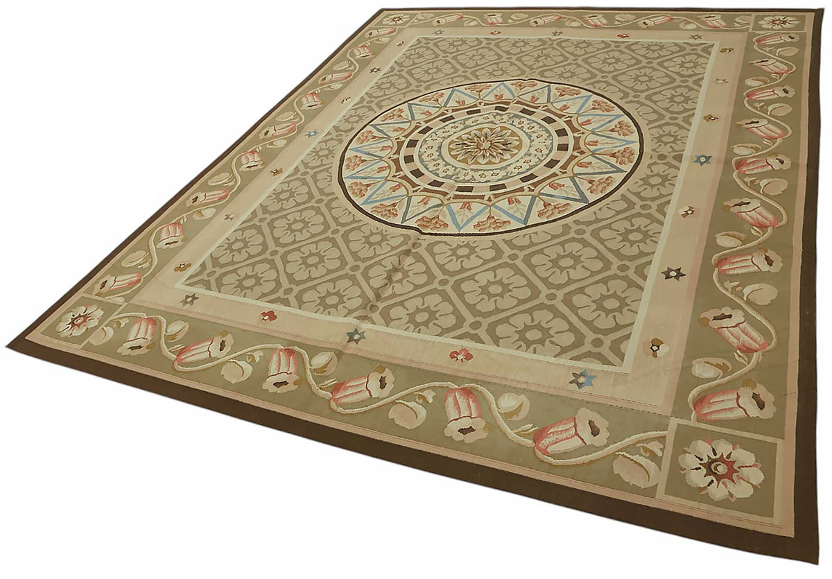 Sivemi Düz Dokuma Bej ve Kahverengi Madalyon Desenli Halı 206x279 cm – doku yakın çekim