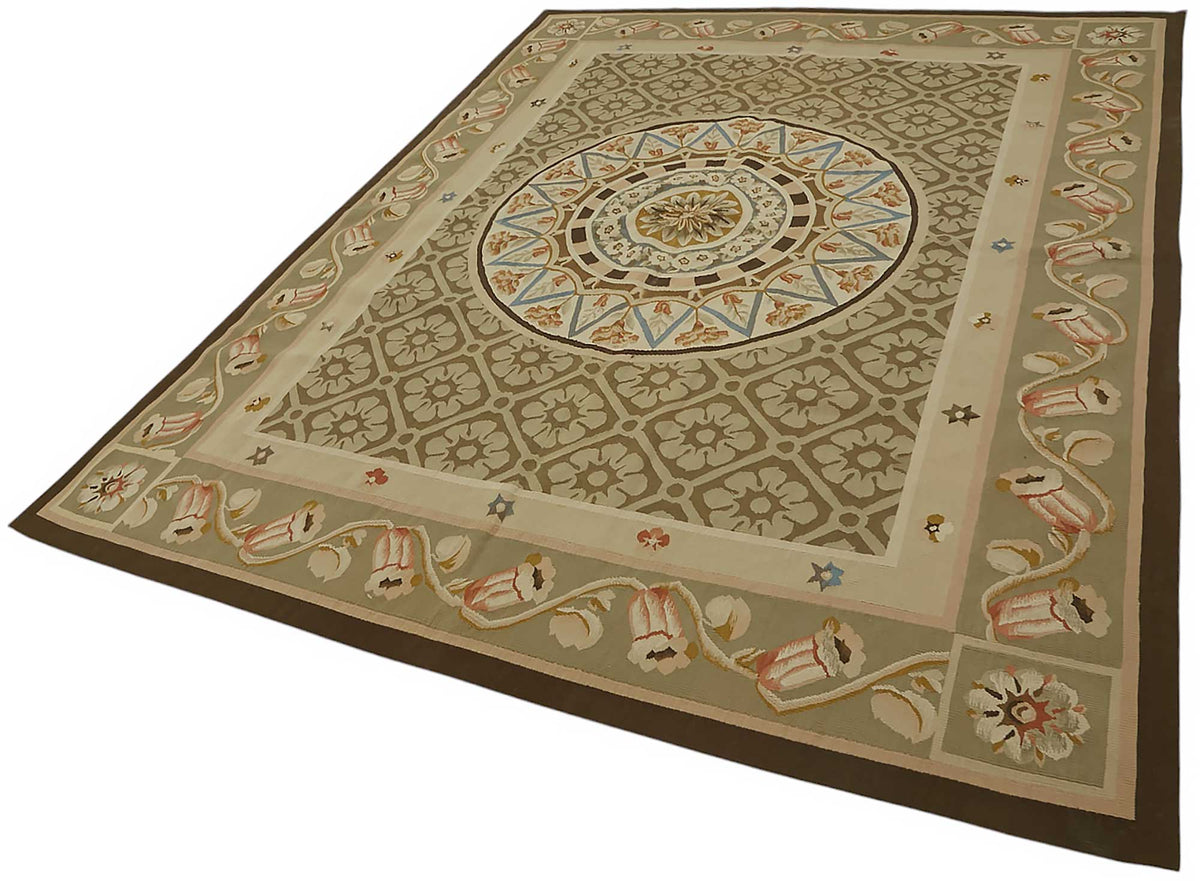 Sivemi Madalyon Desenli Kahverengi ve Bej El Dokuma Halı 207x273 cm – doku yakın çekim